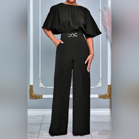 acelyn Pants - Chic Black Wide-Leg Jumpsuit Perfect For Formal & Holiday Events Size Med